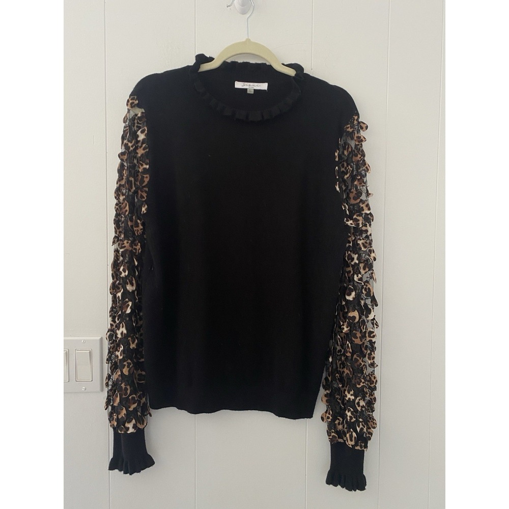 Siani Milano Ruffle Mock Neck Sweater Black Animal Print Applique Sleeve Large